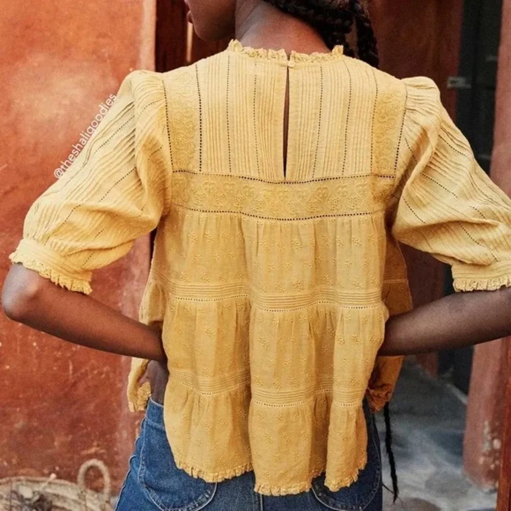 Doen Mustard Yellow Cotton Pintuck Peplum Blouse